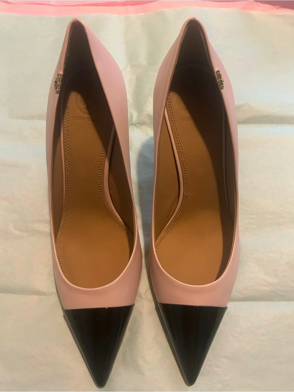 Tory Burch Pink Leather Pointed Toe Flats with Black Patent Cap